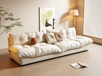 Beige Three Seater Sofa With Throw Pillows Floor Lamp Wall Art And Potted Plant 3d model