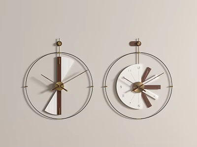 Modern Stylish Wall Clocks With Metal Frame And Wooden Accents On Beige Wall 3d model