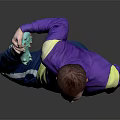 Man Doing Leg Stretch in Purple Active Top and Blue Pants Against Gray Black Background