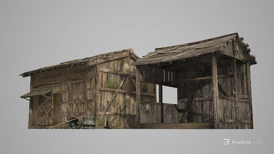 Ancient Wooden Building With Tilted Roof Weathered Planks And Old Cart 3d model 