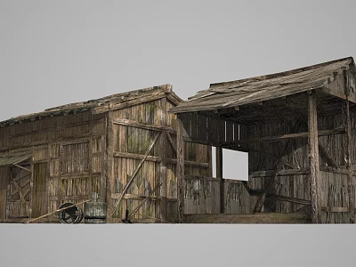 Ancient Wooden Building With Tilted Roof Weathered Planks And Old Cart 3d model