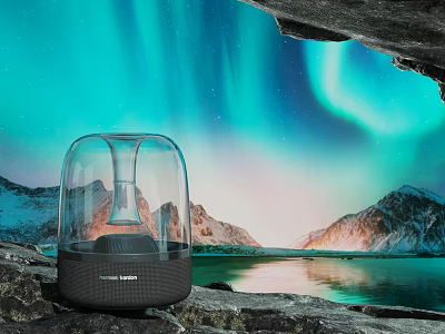 Transparent Dome Speaker on Rocks with Aurora Snowy Mountains and Lake View 3d model