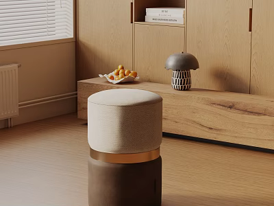 Beige Fabric Side Table With Gold Base Living Room Wood Cabinet Books Fruits Mushroom Lamp 3d model