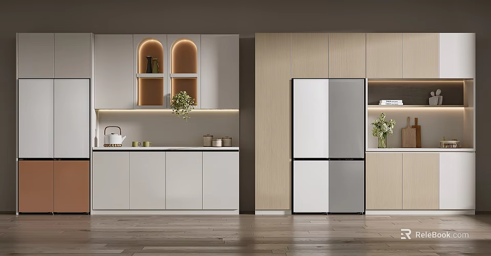 Modern Open Kitchen Wine Cabinet With Glass Doors And LED Lighting Design 3d model 