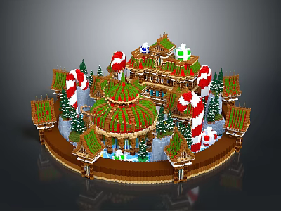 Festive Christmas Building Scene With Dome Roof Candy Canes Green Trees And Snow Covered Pavilions 3d model
