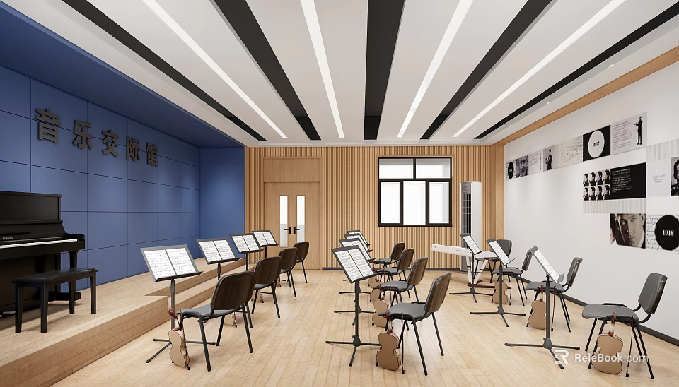 Music Classroom Interior Design With Blue Walls Wooden Floors Music Stands And Decorative Paintings 3d model 