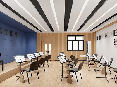 Music Classroom Interior Design With Blue Walls Wooden Floors Music Stands And Decorative Paintings 3d model