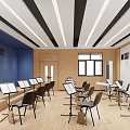 Music Classroom Interior Design With Blue Walls Wooden Floors Music Stands And Decorative Paintings