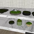 Elegant Display of Moss Filled Bowls on White Marble Countertop