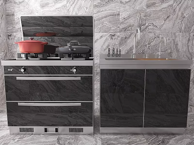 Modern Kitchen Appliances Featuring Black Cooktop Red Pot Sink And Cabinets 3d model