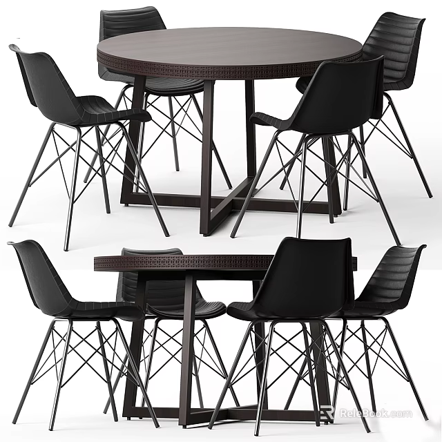 Modern Round And Rectangular Dining Table Set With Black Chairs And Metal Legs 3d model