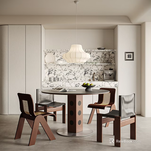 Modern Minimalist Restaurant Interior With Round Dining Table Marble Backdrop And Pendant Light 3d model