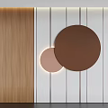 Wooden And White Panel Background Wall With Round Decorative Elements And Soft Lighting 3d model