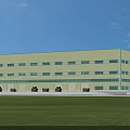 Industrial Factory Building With Light Yellow Exterior Many Windows Green Lawn Front And Blue Sky