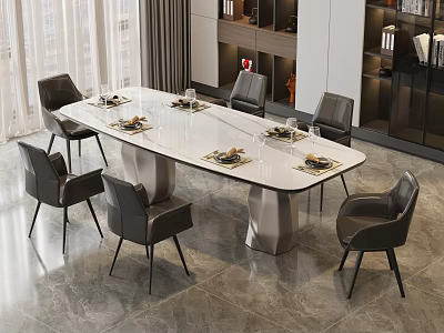 Modern Dining Table Set With Marble Tabletop Gray Chairs And Open Cabinets 3d model