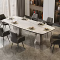 Modern Dining Table Set With Marble Tabletop Gray Chairs And Open Cabinets 3d model