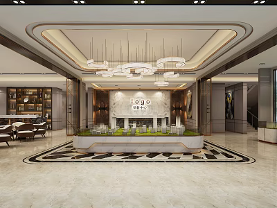 Modern Property Sales Office Interior With Chandeliers Marble Floor Display Platform And Reception Area 3d model