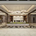 Modern Property Sales Office Interior With Chandeliers Marble Floor Display Platform And Reception Area