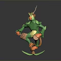 Green Antlered Game Movie Character With Yellow Belly Brown Hands Feet Standing On Leaf