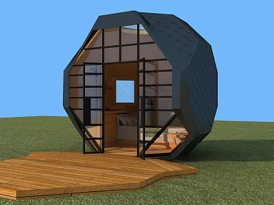 Unique Octagonal House Design Black Exterior Large Glass Windows Wooden Deck Grass And Blue Sky 3d model