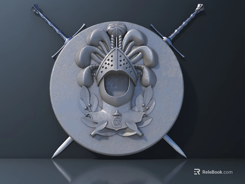 Intricately Carved Decorative Shield With Helmet Ornament Detailed Patterns And Crossed Swords 3d model 