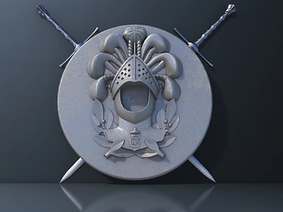 Intricately Carved Decorative Shield With Helmet Ornament Detailed Patterns And Crossed Swords 3d model