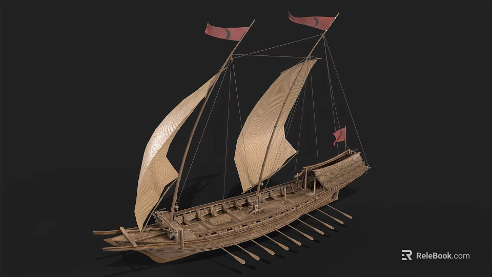 Ancient Wooden Sailboat With Beige Canvas Sails Red Flags And Oars 3d model 