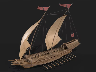 Ancient Wooden Sailboat With Beige Canvas Sails Red Flags And Oars 3d model