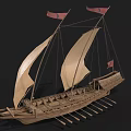 Ancient Wooden Sailboat With Beige Canvas Sails Red Flags And Oars
