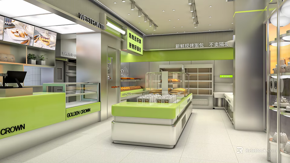 Modern Dessert Shop Interior With Green And White Decor Display Cases And Counter 3d model 