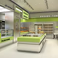 Modern Dessert Shop Interior With Green And White Decor Display Cases And Counter