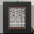 Modern White Abstract Painting With Brown Frame And Textured Grid Design On Dark Wall