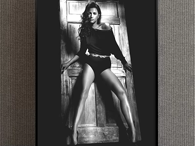 Monochrome Portrait Painting Of Woman In Off Shoulder Top And Tights Leaning Against Wooden Door 3d model
