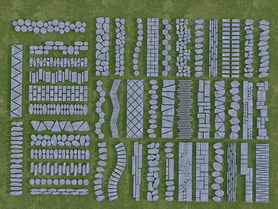 Various Stone Paver Patterns With Different Shapes On Green Grass Background 3d model