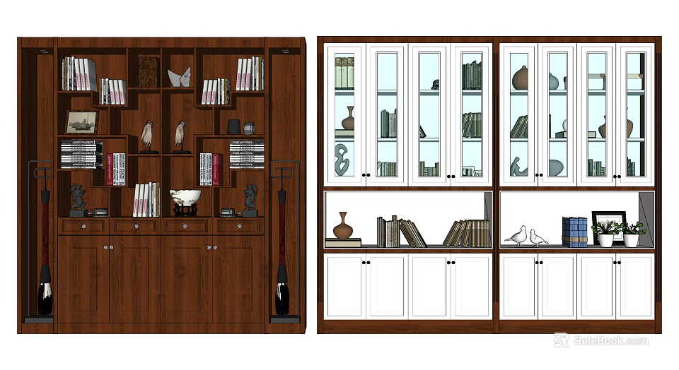 Stylish Brown And White Wooden Bookcase With Glass Doors Books And Decorative Ornaments 3d model 