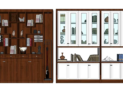 Stylish Brown And White Wooden Bookcase With Glass Doors Books And Decorative Ornaments 3d model