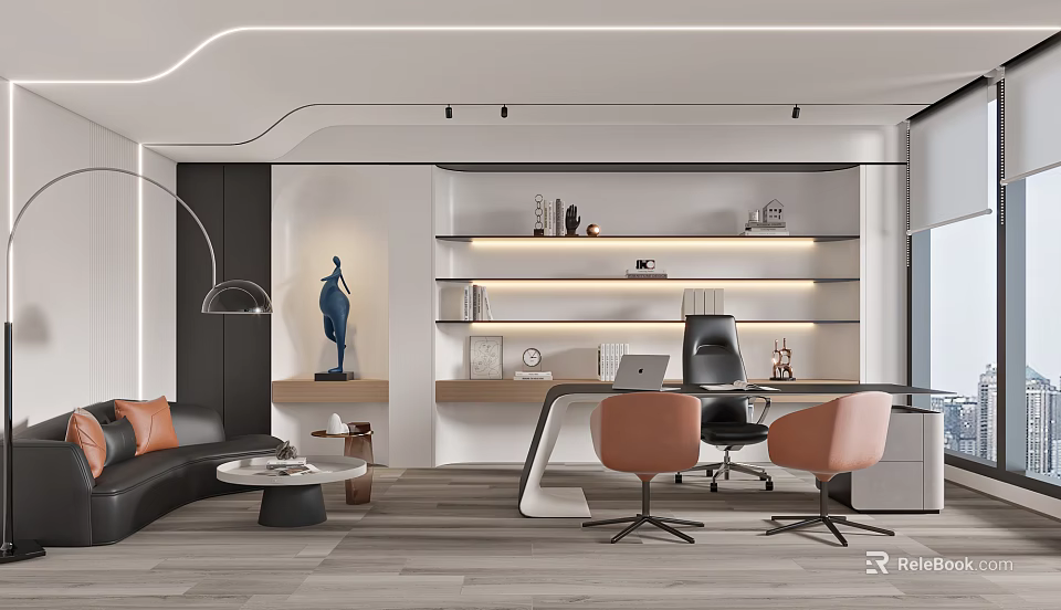 Modern Office Interior Design With Shelves Desk Chairs And Decorative Lighting 3d model 