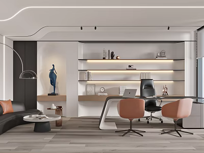 Modern Office Interior Design With Shelves Desk Chairs And Decorative Lighting 3d model