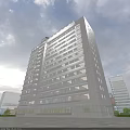 Modern Office Building Exterior With Glass Curtain Walls Urban Setting Trees And People Walking