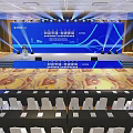 Professional Conference Hall Setup With Blue Backdrop Stage Podium And Seating Arrangement