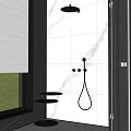 Stylish Black Shower Head in Modern Bathroom with White Marble Tiles and Black Side Table