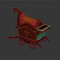 Decorative Wooden Cart With Red Fabric Curved Handle Green Cloth Drawer And Wheels