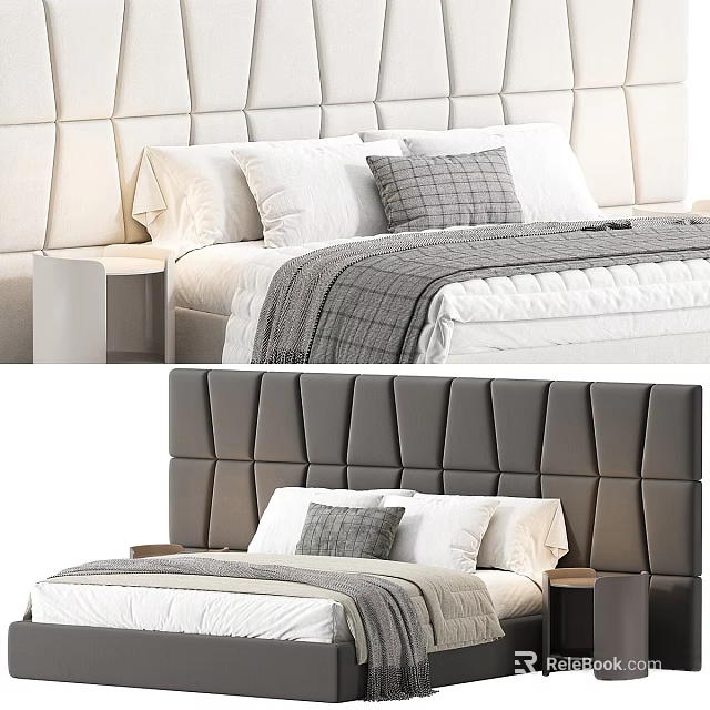 Double Bed Upholstered Headboard Design With Light Dark Gray Throw Pillows Blanket And Minimalist Nightstand 3d model 