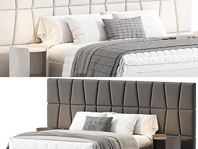 Double Bed Upholstered Headboard Design With Light Dark Gray Throw Pillows Blanket And Minimalist Nightstand 3d model