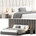 Double Bed Upholstered Headboard Design With Light Dark Gray Throw Pillows Blanket And Minimalist Nightstand