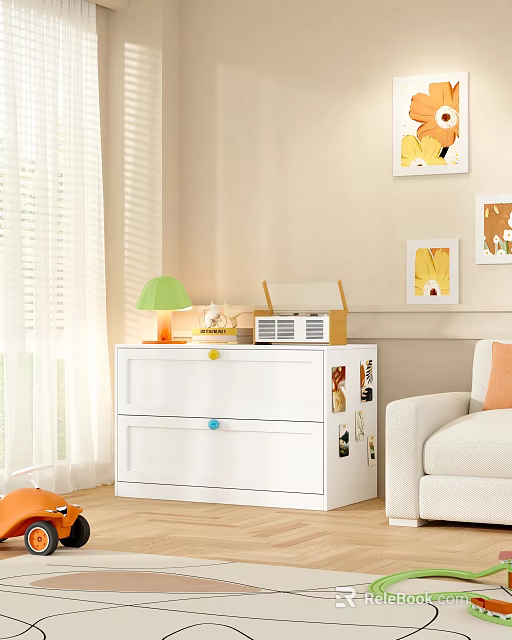 White Dresser With Colorful Knobs Green Lamp Radio And Decorative Paintings In Cozy Living Room 3d model 