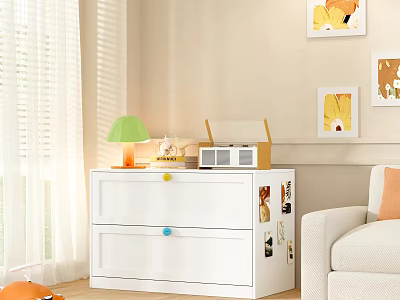 White Dresser With Colorful Knobs Green Lamp Radio And Decorative Paintings In Cozy Living Room 3d model