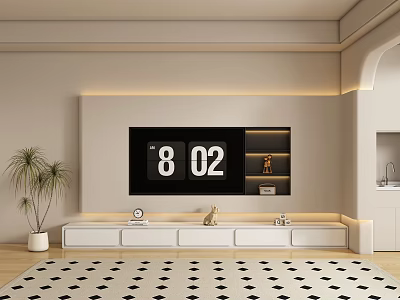 Modern White TV Stand With Digital TV Open Shelves Storage Cabinets And Potted Plant 3d model