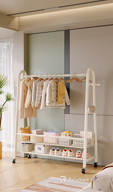 White Metal Clothes Rack Hanging Light Colored Garments With Lower Shelf Storage In Modern Interior 3d model 
