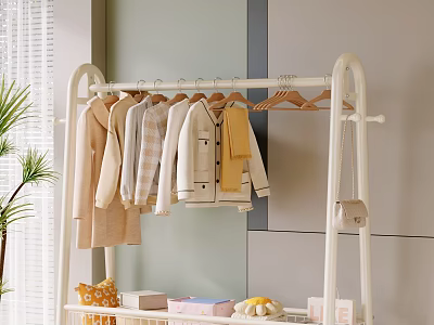 White Metal Clothes Rack Hanging Light Colored Garments With Lower Shelf Storage In Modern Interior 3d model